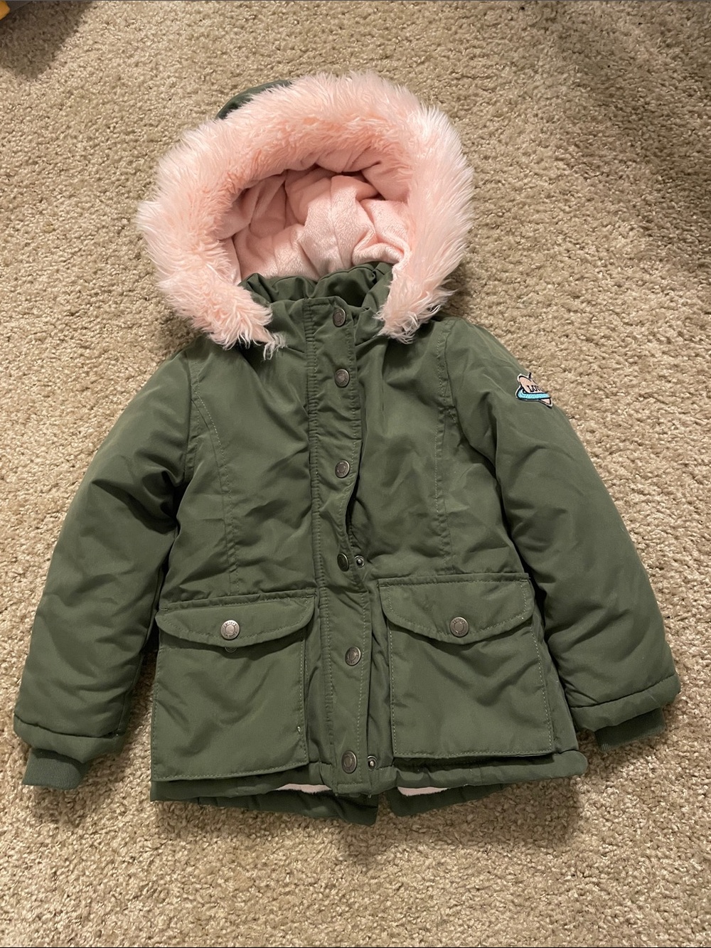 Girls Green Winter Parka with Pink Faux Fur Hood